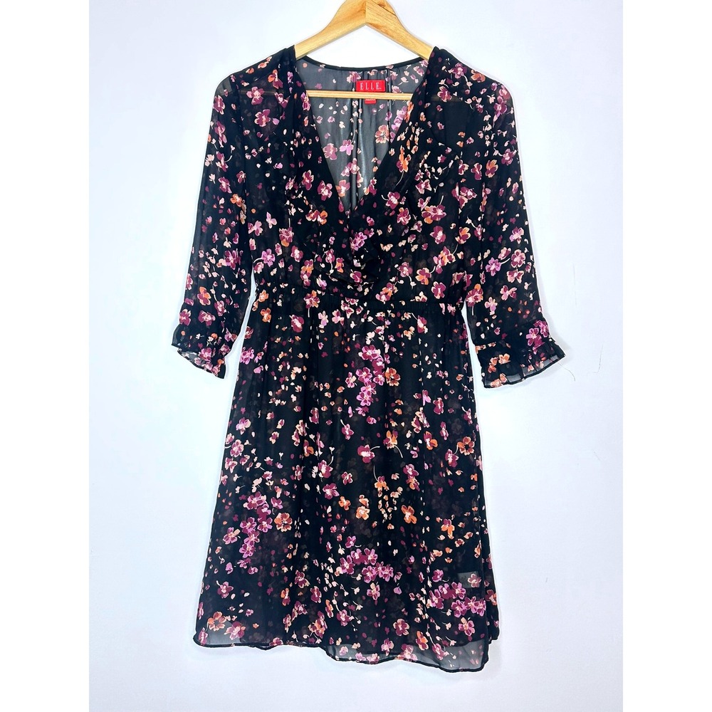 ELLE Black Floral sheer‎ Dress V Neck 3/4 Sleeve Ruffle Hem Women's Size S